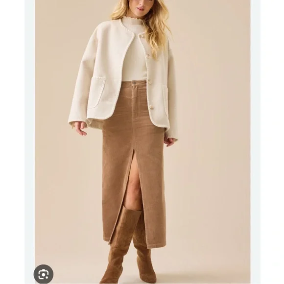 NWT Altar’d State Gabrielle corduroy midi slit skirt size L in taupe 100% cotton - Picture 2 of 13